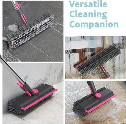 Floor Scrub Brush with Long Handle, 3 in 1 Scrape and Heavy-Duty Stiff Bristle Scrubber Brush for Cleaning Shower Bathroom, Patio, Pool, Garage, Kitchen, Wall and Deck (White, 1 Pack)