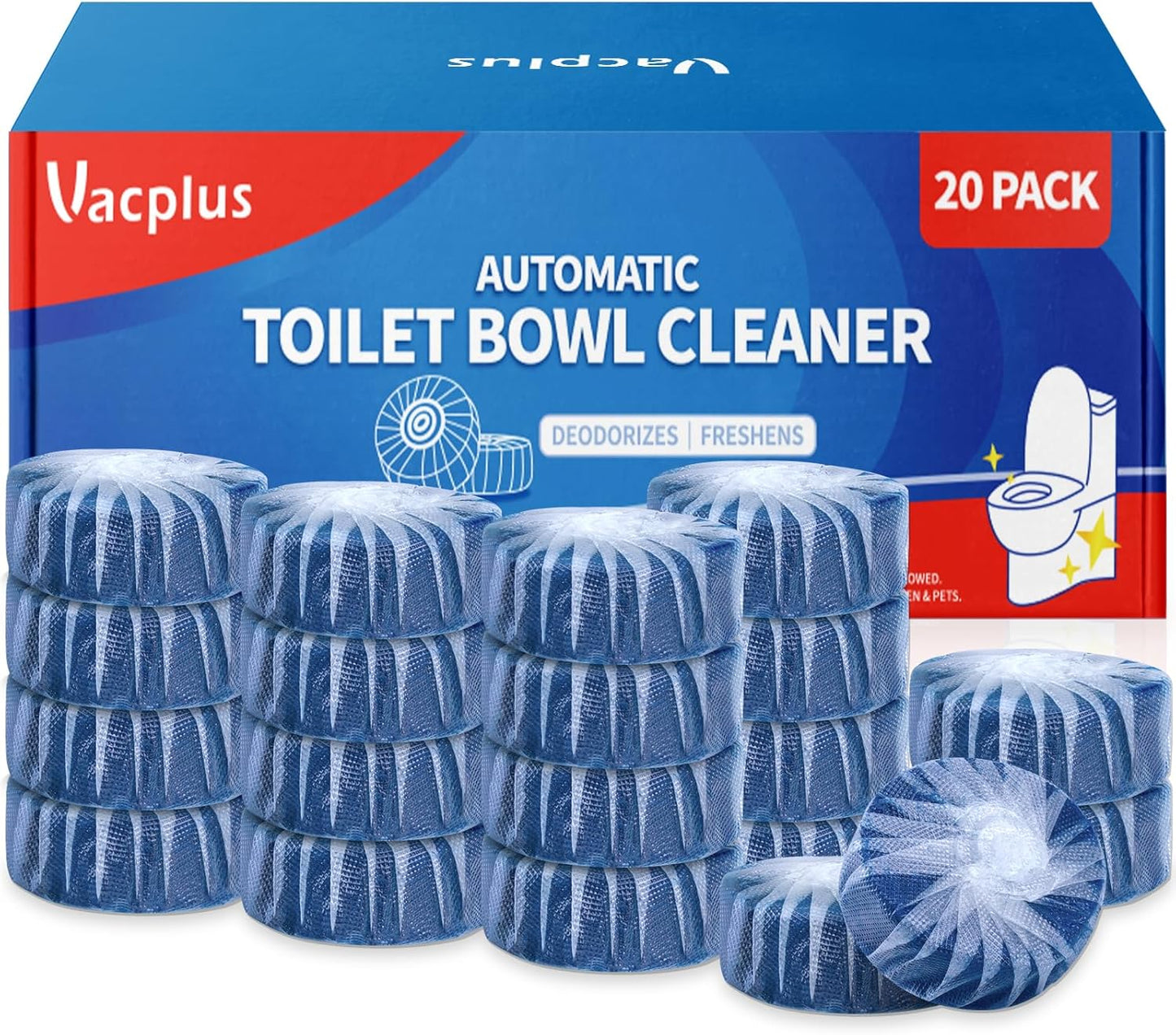 Vacplus Toilet Bowl Cleaners - 20 Pack Long-Lasting Toilet Cleaner Tablets, Prevent Stains & Deodorize, Blue & Pink
