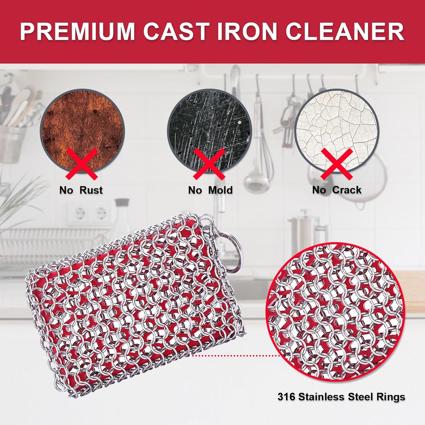 Cast Iron Scrubber, Chain Mail Scrubber with Silicone Insert, 316L Stainless Steel Chainmail for Cast Iron Skillet, Dutch Oven, Cookware, Kitchen Cleaning Accessory, Dishwasher Safe