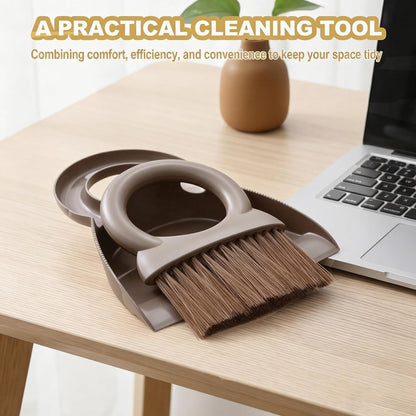 Mini Broom and Dustpan Set with Round Handle, Compact Small Hand Broom with Soft Bristles for Kitchen Counter, Desk, Drawer, Pet Area & Car Interior, Space-Saving Portable Cleaning Tool (Coffee)