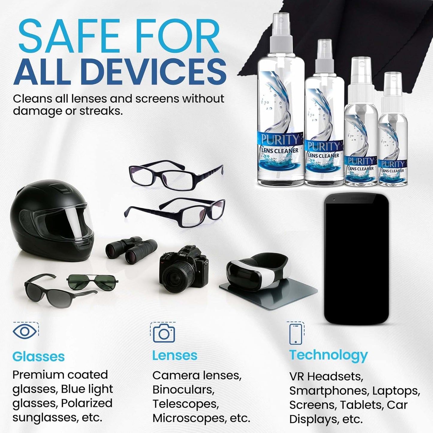 Purity Eyeglass Lens Cleaner Kit - 2 x 8oz and 1 x 2oz Lens Cleaner Spray Bottle + 2 Microfiber Cleaning Cloths - Safe for All Lenses (AR Coated Included), Eyeglasses and Screens - Clear