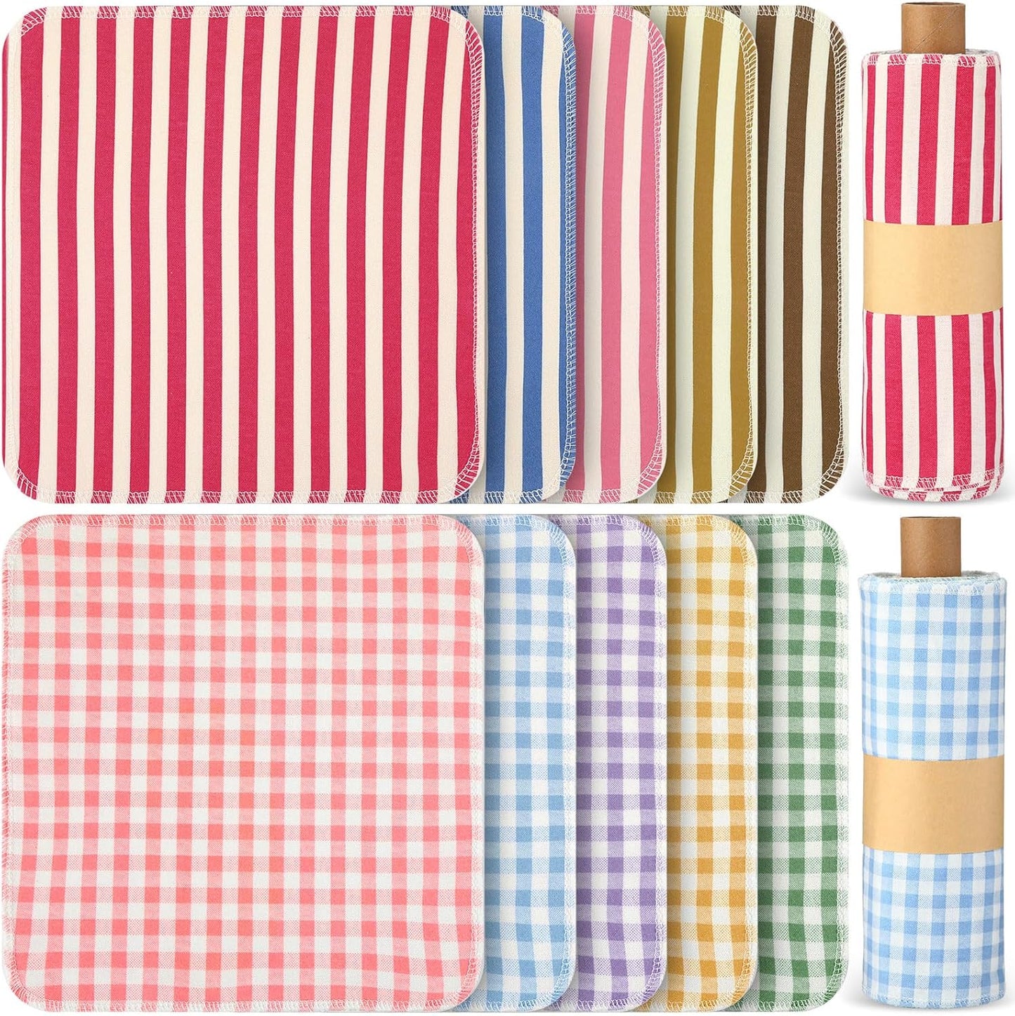 Redbaker 50 Pcs Reusable Paper Towels Paperless Reusable Cotton Cloths Toilet Absorbent Washable Paper Towels with Roll Kitchen Dishcloth for Kitchen Paperless Dishcloths(Stripe)