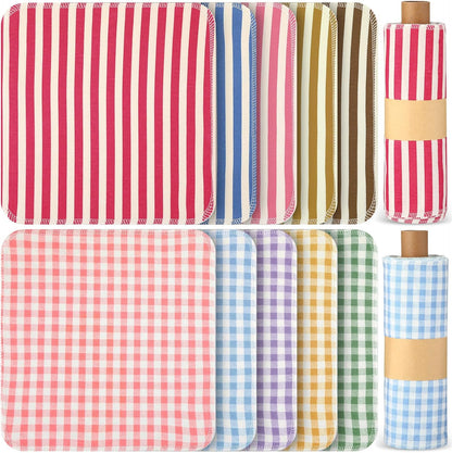 Redbaker 50 Pcs Reusable Paper Towels Paperless Reusable Cotton Cloths Toilet Absorbent Washable Paper Towels with Roll Kitchen Dishcloth for Kitchen Paperless Dishcloths(Stripe)
