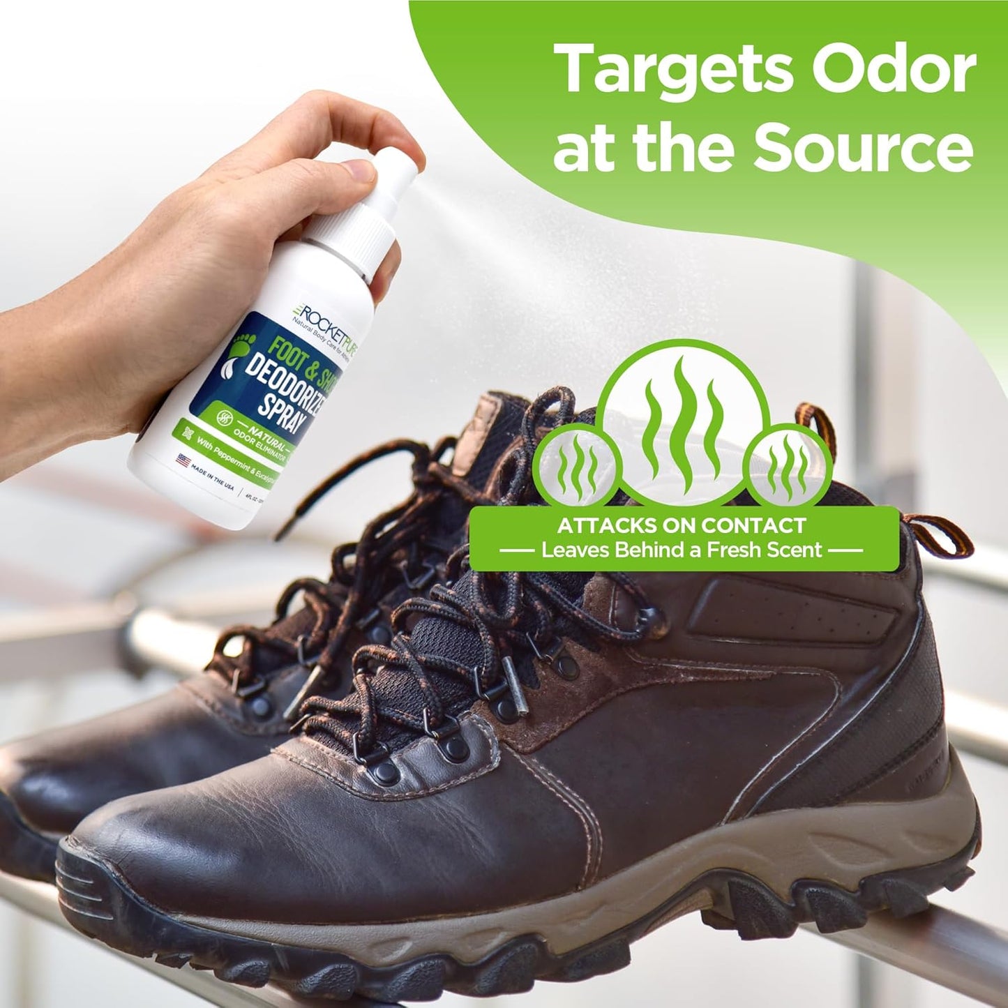 Rocket Pure Natural Foot and Shoe Deodorizer Spray, Deodorant and Odor Eliminator for Smelly Feet, Smell Remover, Formulated with Essential Oils, Made in the USA, Mint, 4 fl oz (Pack of 1)