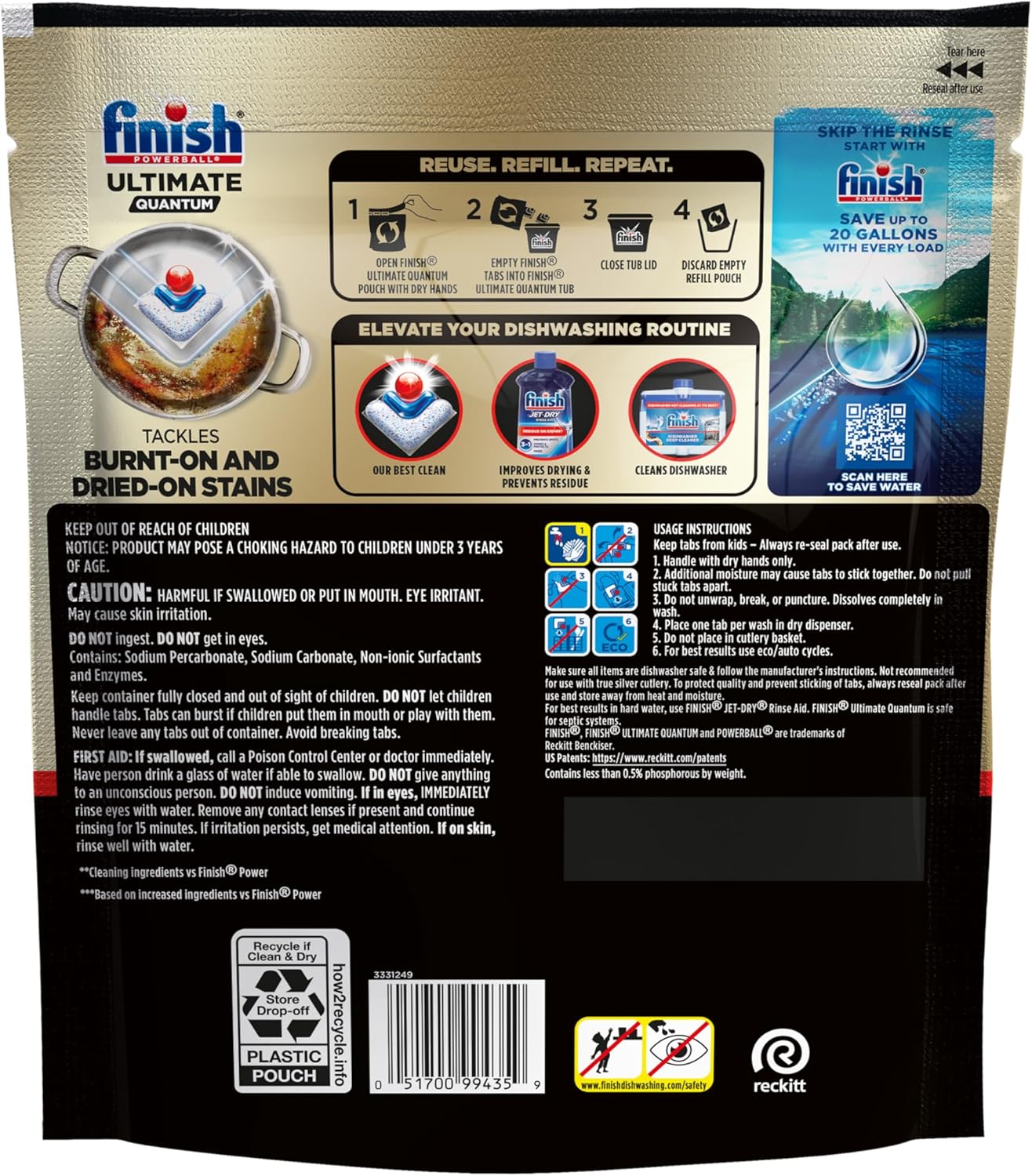 Finish Ultimate Infinity Shine Dishwasher Pods, No Pre-Rinse Dishwasher Detergent Soap Removes Burnt-On Stain, with Protector Shield & CycleSync Technology, Degreasing & Scrubbing Power, 62 Count