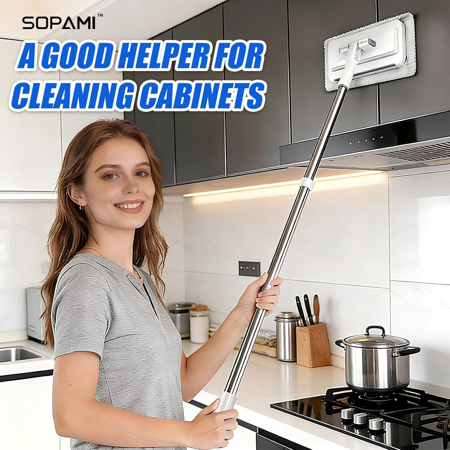 SOPAMI Snap Grip Mini Mop & Sweep Wall Cleaner for Tight Corners,Wall, Hardwood, Marble Floors,Pet Hair Removal for Home, 55" Extendable Lazy Mop-2 Reusable Cleaning Pads&1pcs Disposable