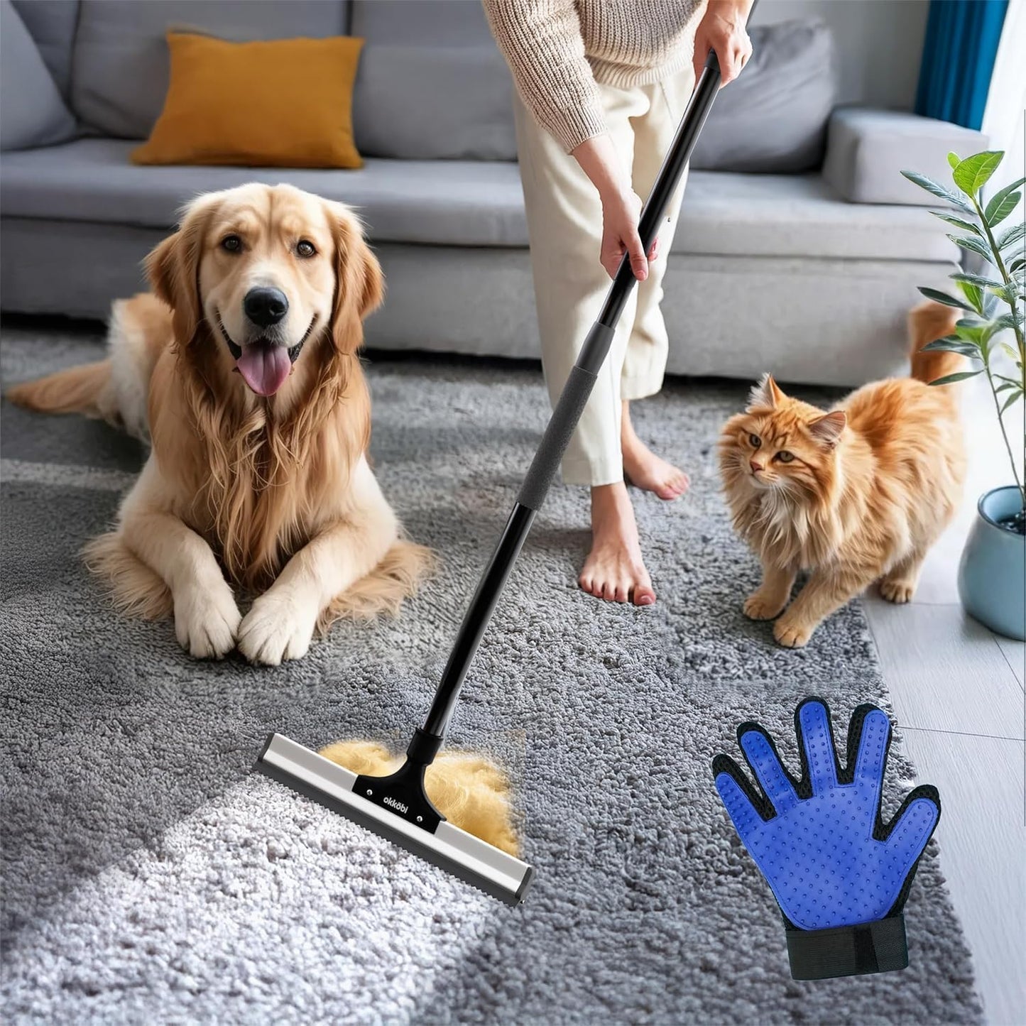 Carpet Rake for Pet Hair Removal – Carpet Scraper – Dog & Cat - Pet Hair Broom for Rugs, Furniture – Adjustable Rug Broom for Pet by Okköbi