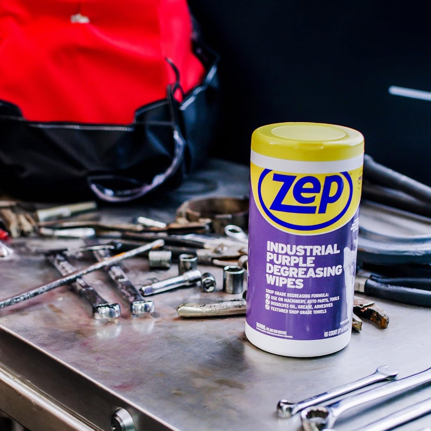 Zep Industrial Purple Heavy-Duty Degreasing Wipes - 65 Wipe Count - ZUINDPRPL65 - Dissolves Oil, Grease and Adhesives Fast, 1 Count (Pack of 1)