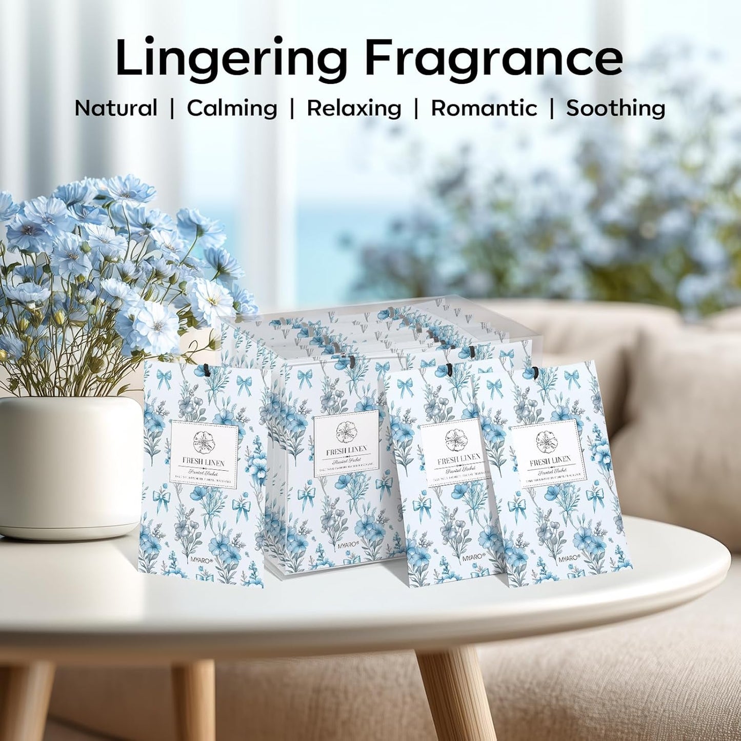 MYARO 12 Pack Fresh Linen Scented Sachets for Drawer, Closet & Car Air Freshener Bags | Odor Eliminator & Fabric Refresher | Crisp, Clean Home Fragrance Gift Set