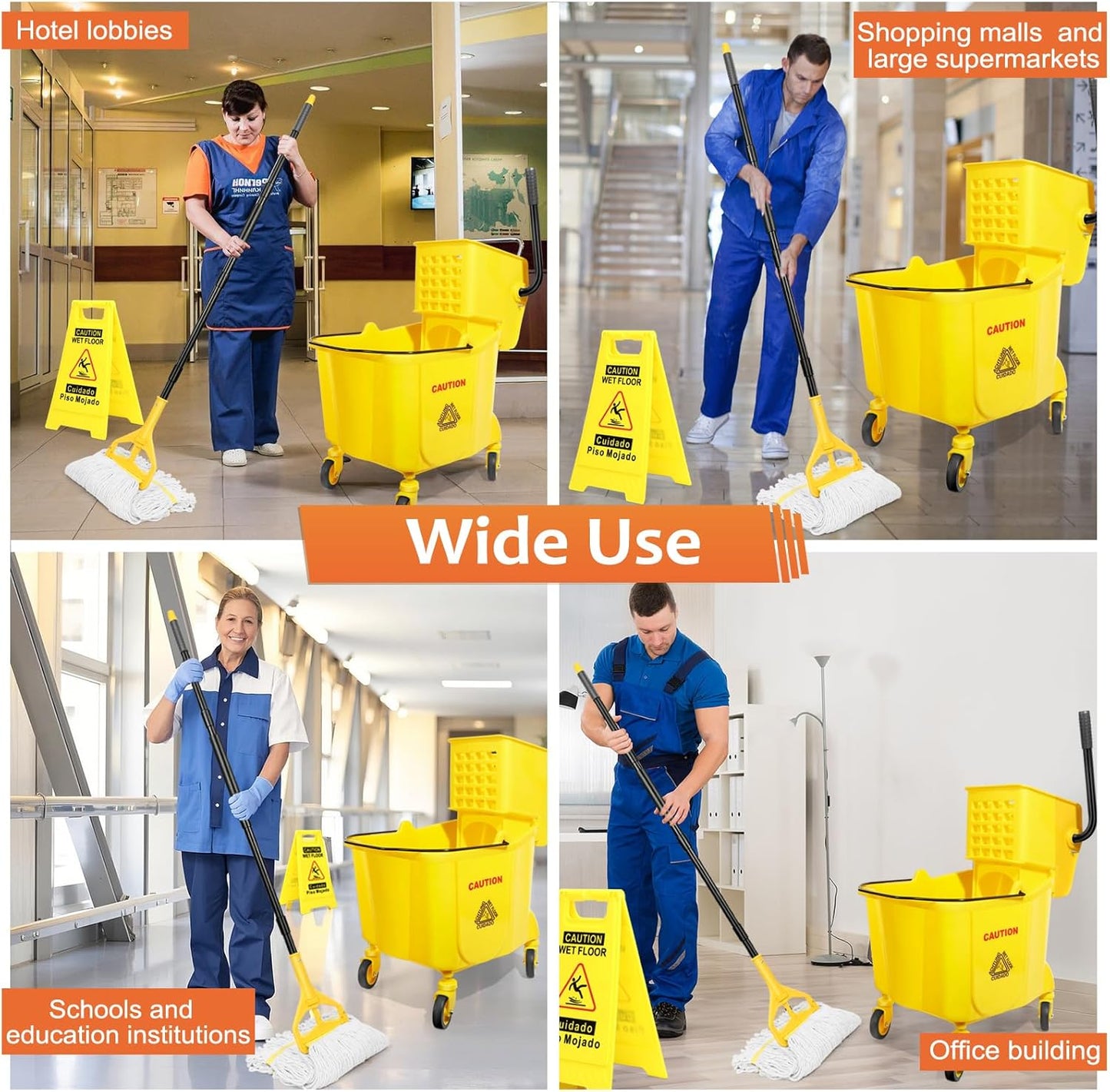 38 Qt Commercial Bucket with Side Press Wringer on Wheels, Yellow Industrial Set for Floor Cleaning, Including 1 Industrial Mop and Wet Floor Caution Sign, Beyoco
