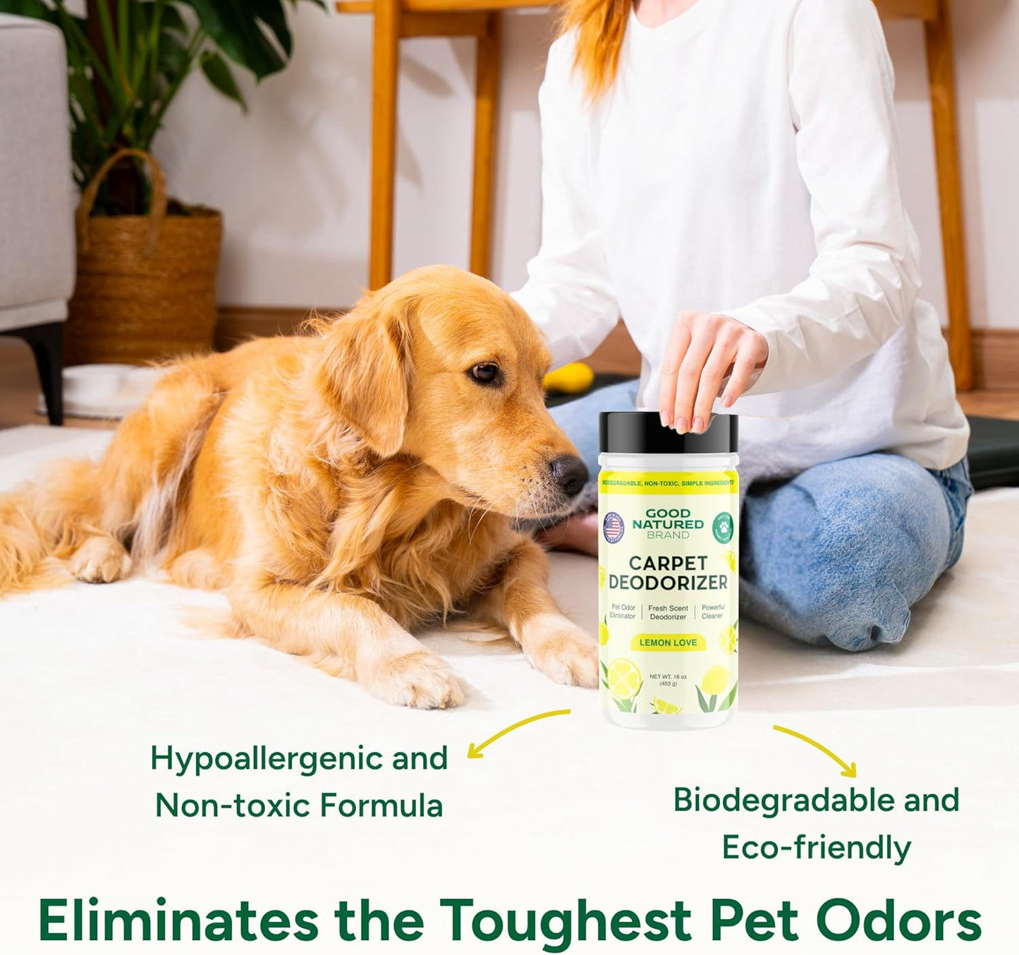 Good Natured Brand | Carpet Deodorizer & Freshener Powder | 31 oz Pet Odor Eliminator for Strong Odor & Pet Urine | Fresh Natural Lemon Scent | Safe for Homes with Pets