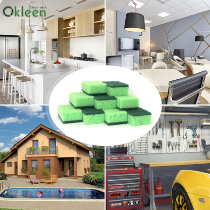 Green Multi Use Scrub Sponge. Made in Europe. 9 Pack, 4.3x2.8x1.4 inches. Odorless Heavy Duty and Non Scratch Fiber. Best, Durable, Delicate, Porous, Non Cellulose Kitchen Sponges and Scrubbers