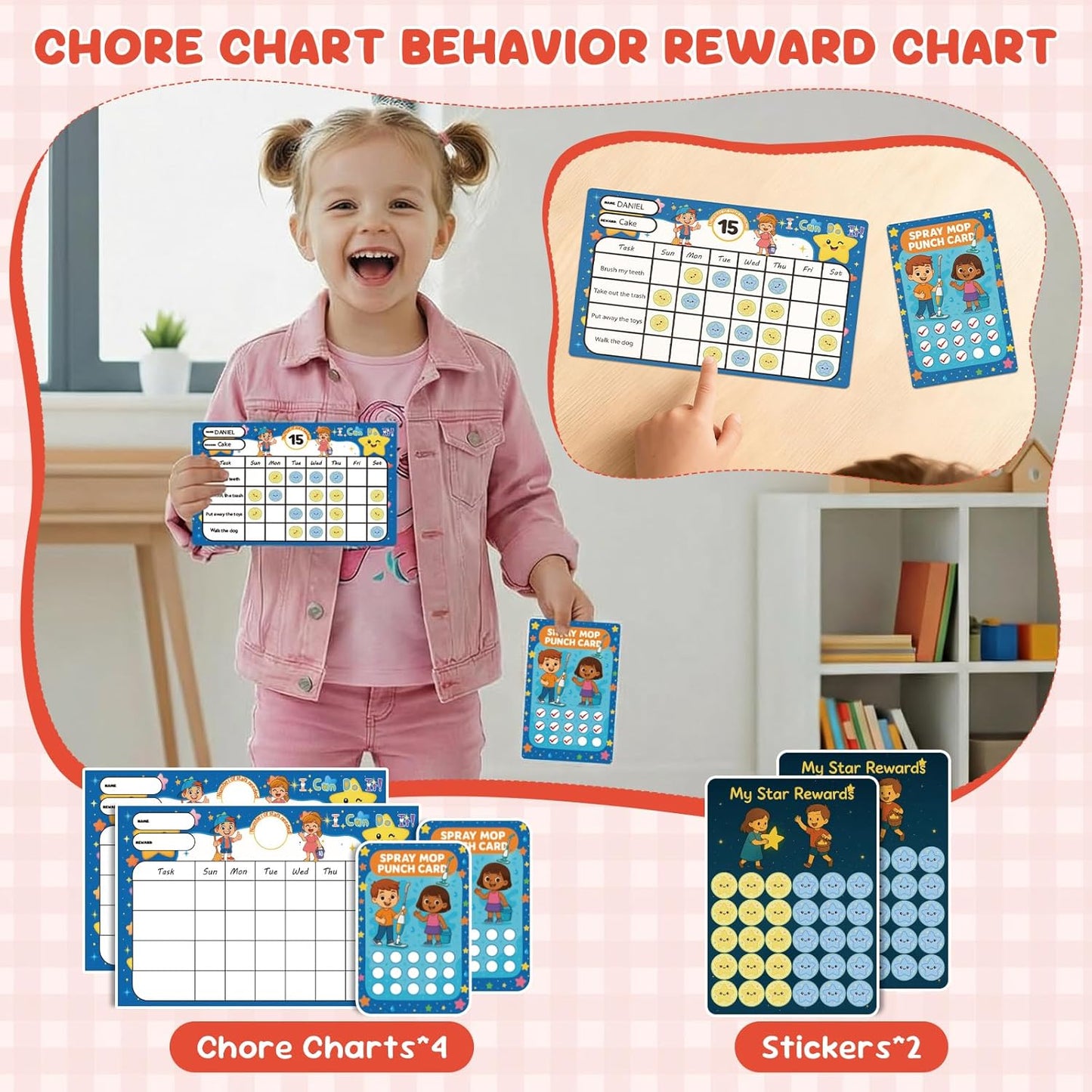 Kids Spray Mop - Chores Chart Set Montessori Cleaning Toy Set with Real Water Sprayer 2PCS Washable Pads and 10PCS Disposable Mop Pads for Ages 3-8 (Blue)
