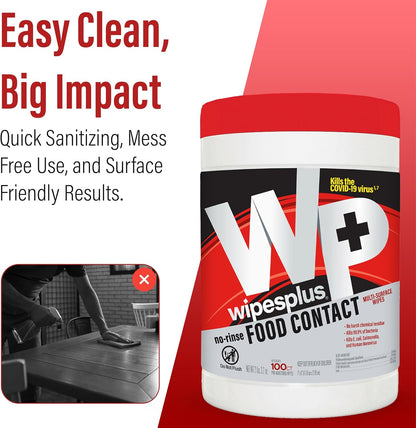 WIPESPLUS Cleaning Wipes All Purpose Food Contact - No Rinse, No Residue, Quick Dry Formula, Disinfecting Wipes For Restaurants, Foodservice, Schools - Canister, 100 Count, (Pack of 12)