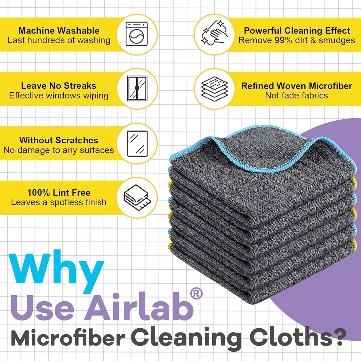 Glass Polishing Cloth Streak Free Miracle Cleaning Cloth Lint Free Microfiber Cleaning Rags for Glasses Kitchen Dish Mirrors Easy Clean, Pack of 6, 12" x 12"