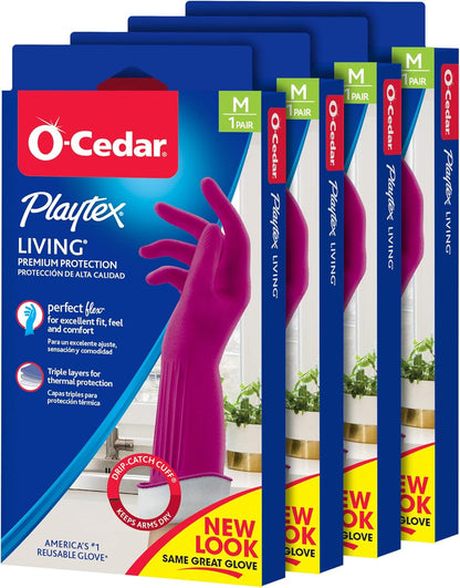 O-Cedar Playtex Gloves Living Reuseable Rubber Cleaning Gloves, Premium Protection, Size - Medium (1 Pair) - 4 Pack