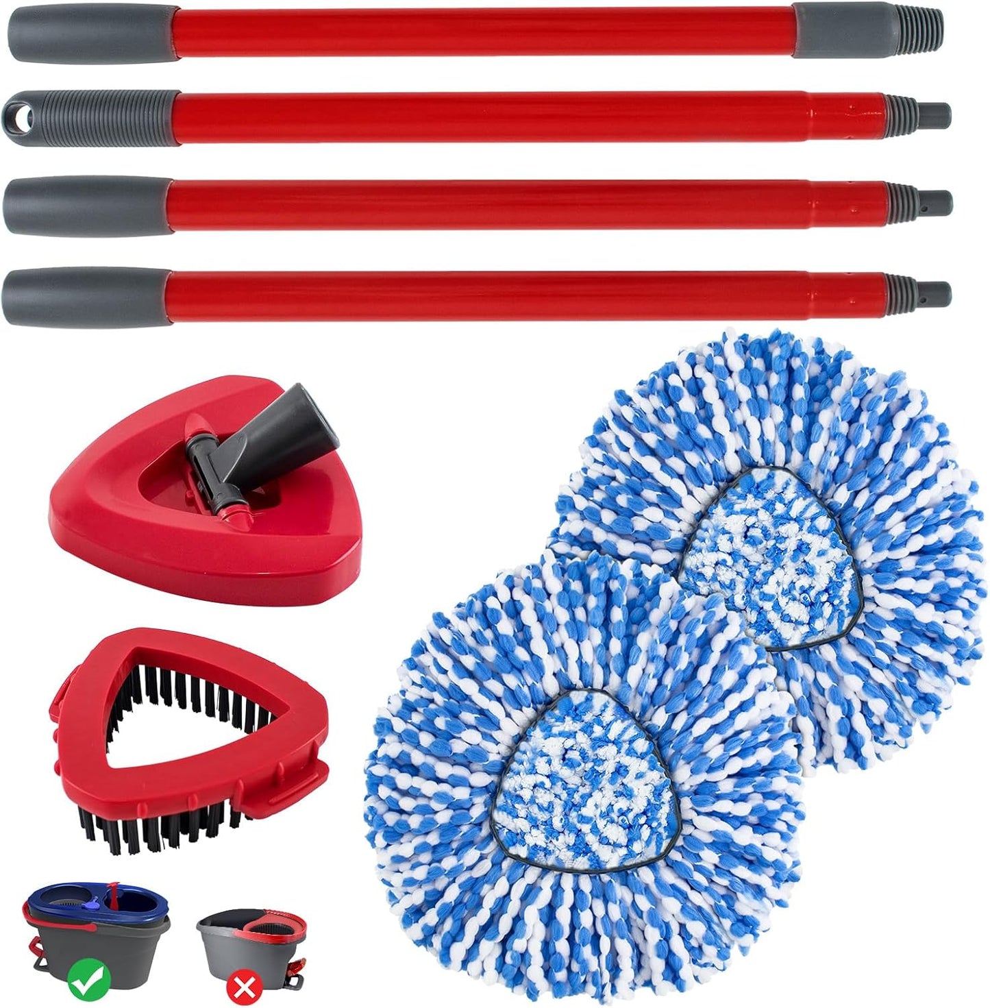 Spin Mop Handle, Mop Replacement Head,Brush,Base Compatible with OCedar EasyWring 1 Tank,2 Microfiber Mop Refills,1 Mop Base,1 Brush and 30-58" Mop Handle Combo Set for OCeda,Use for Floor Cleaning