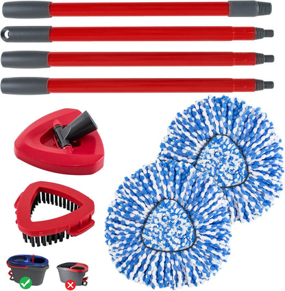 Spin Mop Handle, Mop Replacement Head,Brush,Base Compatible with OCedar EasyWring 1 Tank,2 Microfiber Mop Refills,1 Mop Base,1 Brush and 30-58" Mop Handle Combo Set for OCeda,Use for Floor Cleaning