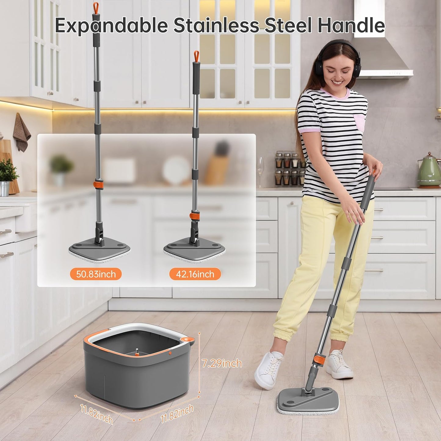 Upgraded Spin Mop and Bucket System Set, Self Separate Clean and Dirty Water, Foldable Square Standing Mop Head with Microfiber Mop Pads, Detachable Bucket (White+Blue, Mop Set with 6PC Pads)