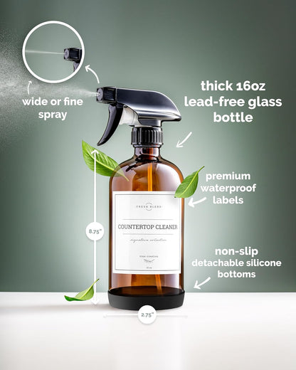 Vine Creations Amber Glass Spray Bottles, 2 Pack Glass Refillable Bottles for Cleaning solutions, 16 oz Spray Bottle for Cleaning, Mister Spray Bottle, Amber Spray Bottles with Waterproof Labels