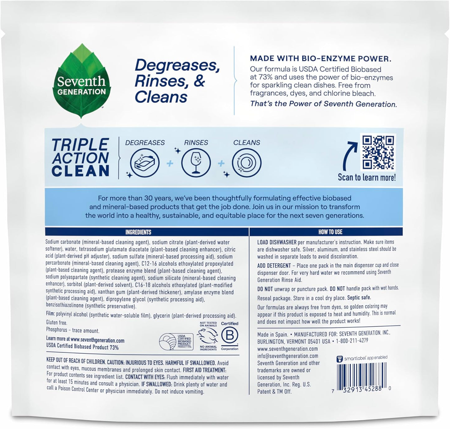 Seventh Generation Triple Action Clean Dishwasher Detergent Packs 1 pack Free & Clear For de-greasing and cleaning even the toughest food messes Fights 48-hr stuck-on food 8.9 oz