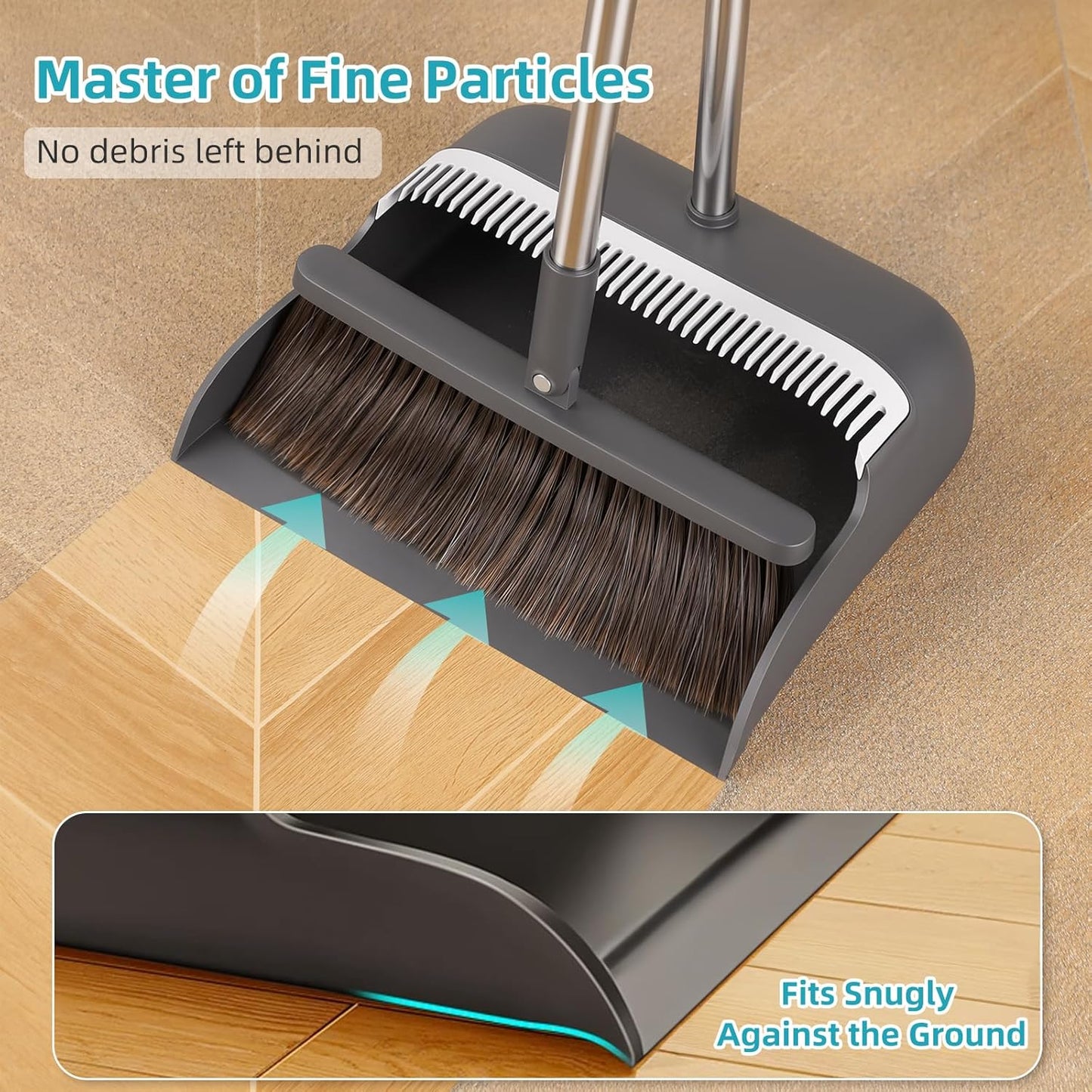 MOPALL Broom with Dustpan Combo Set with 52.5" Extra Long Handle, Self-Cleaning Dustpan Teeth for Dog Cat Pets Hair, 180° Swivel Brooms Head for Sweeping Indoor, Includes 2 Broom Heads