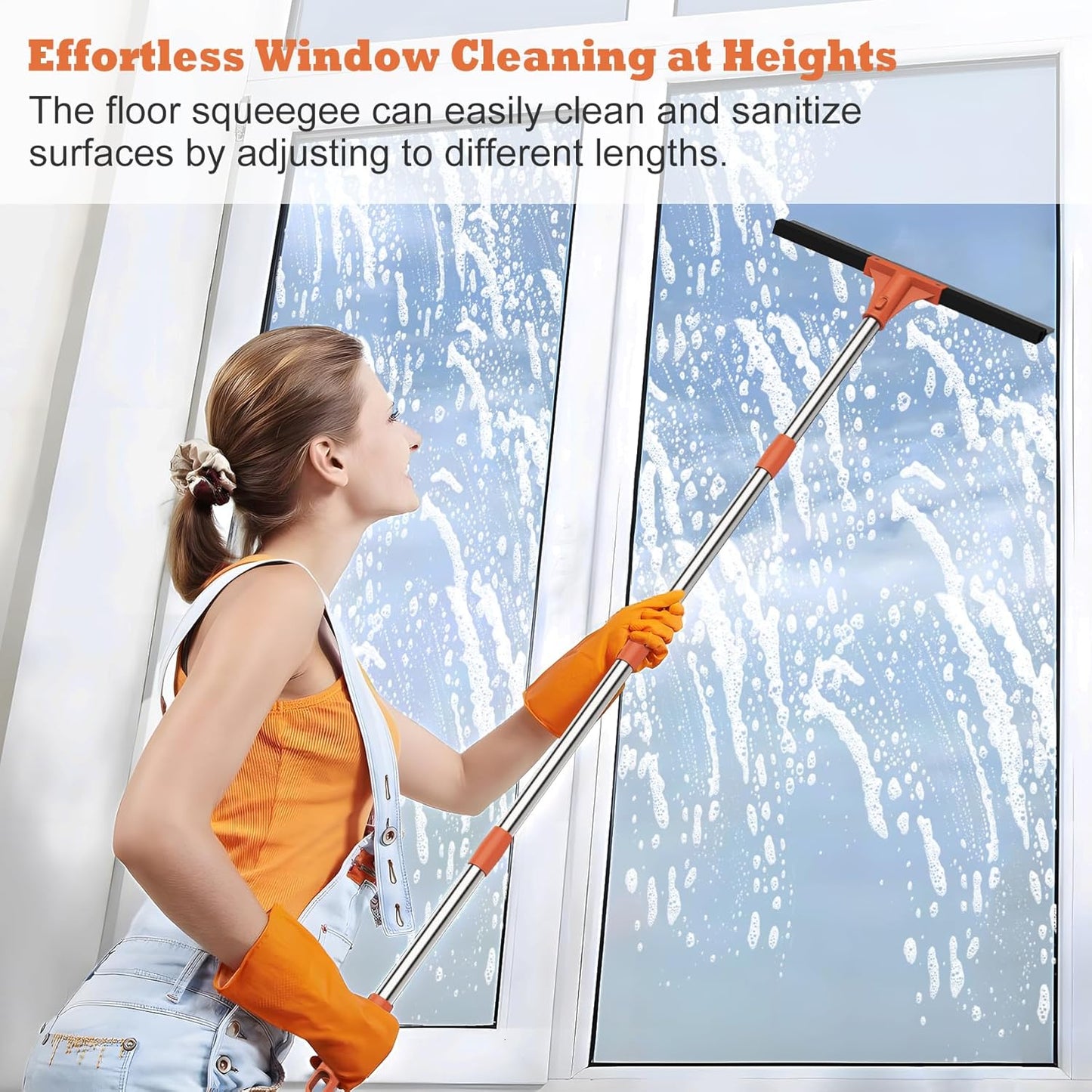 Large Heavy-Duty Floor Squeegee, 18” Rubber Blade Broom & 62” Long Handle Floor Squeegee for Concrete, Bathroom Tile, Garage Concrete, Deck, Shower Glass, Window Cleaning