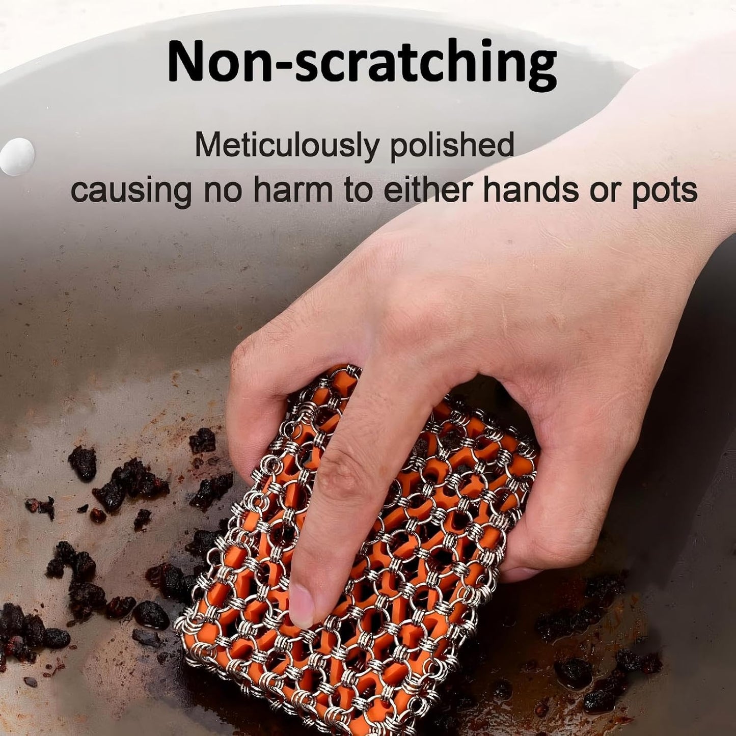NTMY 316 Stainless Steel Pan Cleaner with Silicone Core – 4.5 Inch Dish Pot Brush,Cast Iron Scrubber, Metal Dish Scrubber,Dish Pot Brush,Chain Mail Scrubber for Oven&Grill Kitchen Cleaning Black