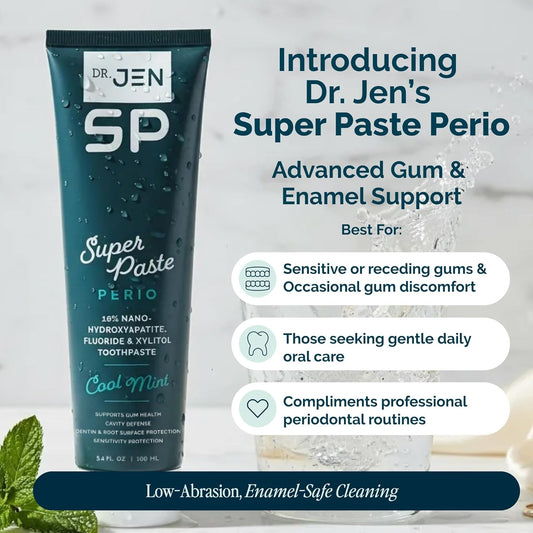Dr. Jen Super Paste Perio Toothpaste, Cool Mint, Fluoride + 10% Premium Nano Hydroxyapatite, Xylitol, SLS Free, Low Abrasivity, Aloe + Calendula, Dentist Designed, Fresh Clean Feel, 1 Pack