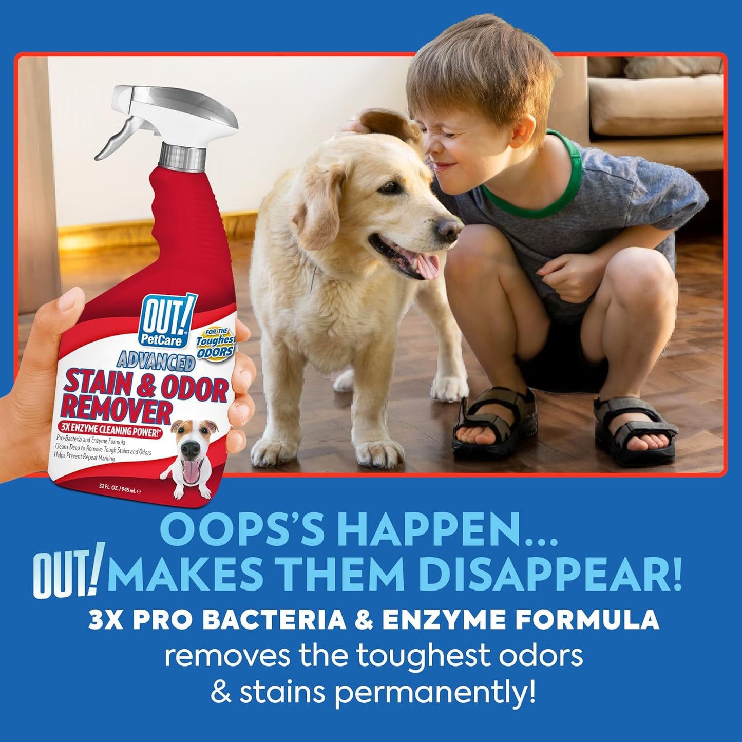 OUT! PetCare Pet Odor & Stain Remover Spray, Carpet & Floor Cleaner, Deodorizer for Dogs & Cats, Made in USA, 32 fl oz (2 Pack)