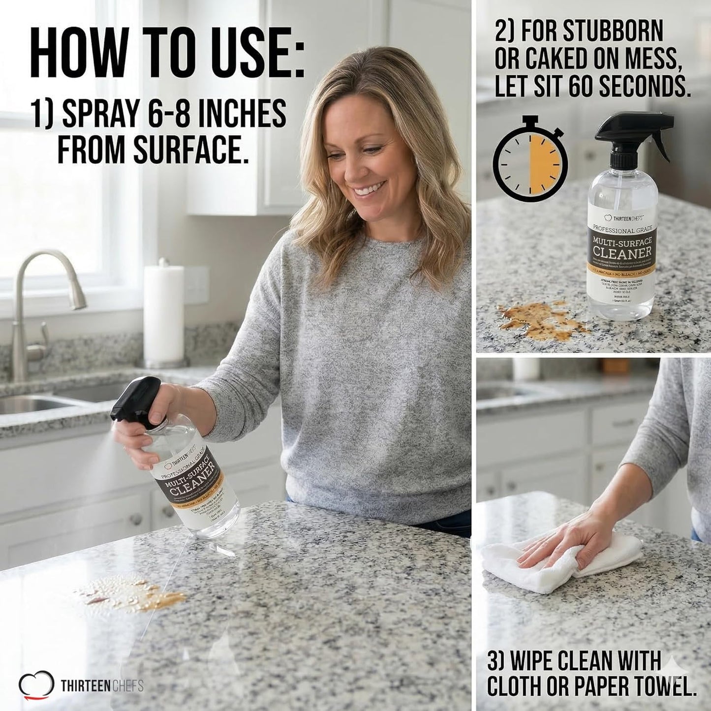 Thirteen Chefs Multi-Surface Cleaner for Kitchen, Home and Bath - Cleans All Countertops, Stainless Steel, Glass, Floor and Tile - 16oz Spray Bottle