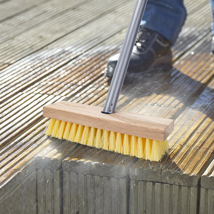 Stainless Steel Wire Scrub Brush with Long Handle for Deck, Concrete, Patio Floor Cleaning, 59'' Heavy Duty Stiff Metal Bristle Scrubber Broom for Outdoor Moss Removal