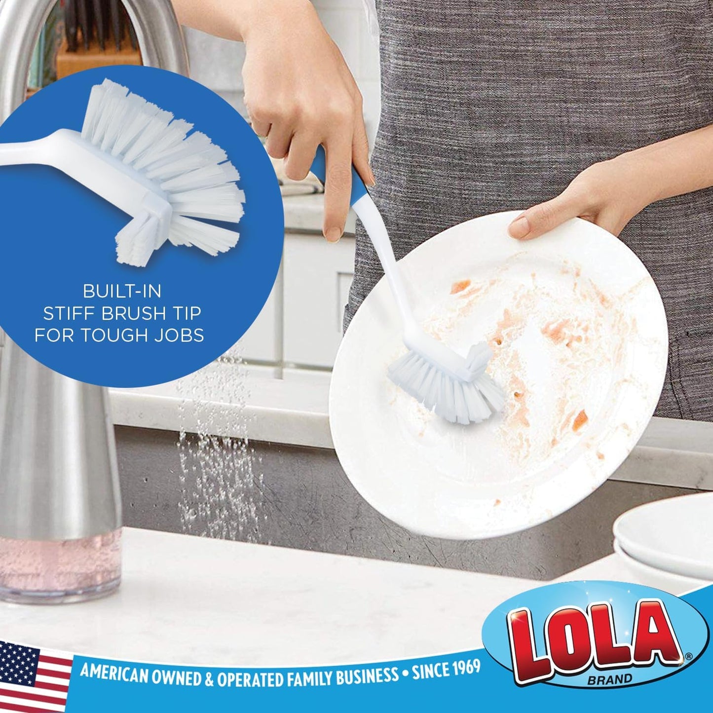 Dish Brush Scrubber for Kitchen, 2 Pack, by LOLA, Has Stiff Bristles & Food Scraper, Comfort No-Slip Grip Handle, Safe for Non-Stick & Coated Cookware