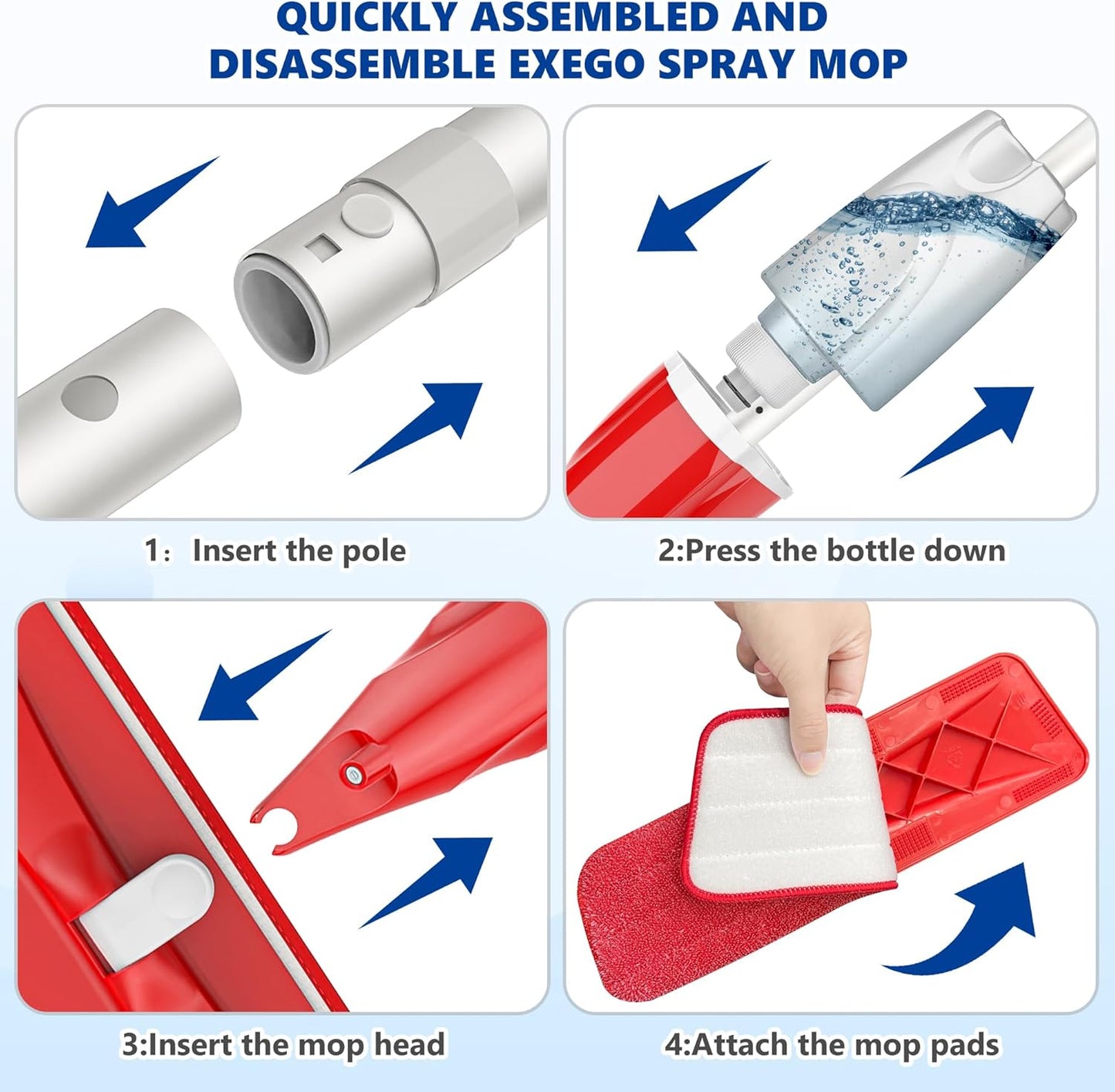 Spray Mops for Floor Cleaning: EXEGO Wet Mop with 3 Washable Microfiber Pads for Swiffer Powermop - Floor Flat Mop Dust Dry Nops for Hardwood Tile Wood Laminate Vinyl Marble - Home Commercial Mop