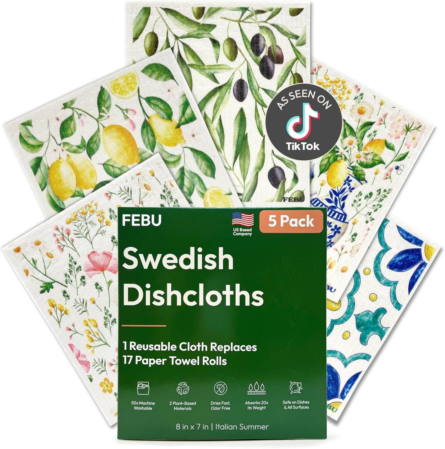 FEBU Swedish Dishcloths for Kitchen | 5 Pack Watercolor Reusable Paper Towels Washable | Swedish Dish Towels | Non-Scratch Cellulose Sponge Cloths | No Odor, Biodegradable Cleaning Cloths