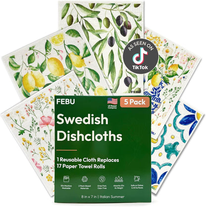 FEBU Swedish Dishcloths for Kitchen | 5 Pack Watercolor Reusable Paper Towels Washable | Swedish Dish Towels | Non-Scratch Cellulose Sponge Cloths | No Odor, Biodegradable Cleaning Cloths