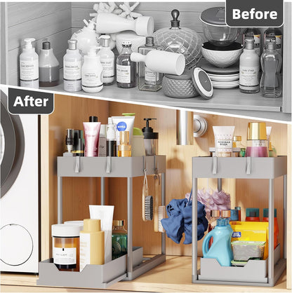 Simple Trending Under Sink Organizer 2 Pack, Sink Pull-Out Sliding Storage Cabinet, 2-Tier Under Shelf Organizer for Kitchen Bathroom, Black