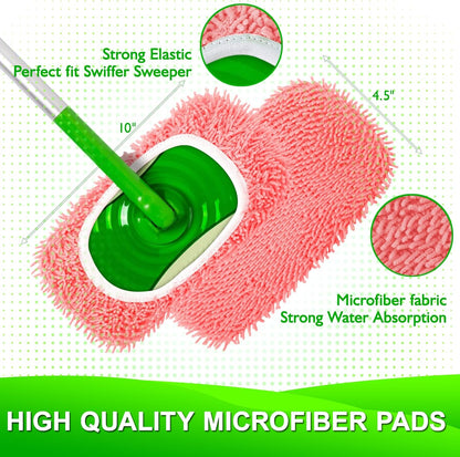 Reusable Microfiber Mop Pads Compatible with Swiffer Sweeper- 4 Pack Dry Sweeping Cloths & Wet Mopping Cloths - Chenille Washable Wet Pads Refill for Mopping Floors (Mop is not Included)