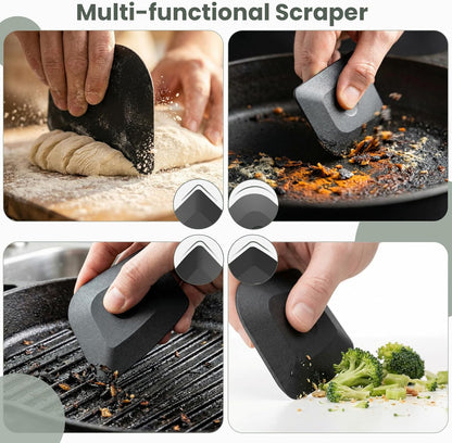 Cast Iron Scrubber with Long Handle | 316 Cast Iron Cleaner Chainmail Scrubber for Pan Skillet Cleaner - Dish Scouring Pad Dishwasher Safe Cleaning Kit (Blue, 1 Scrubber + 1 Scraper)