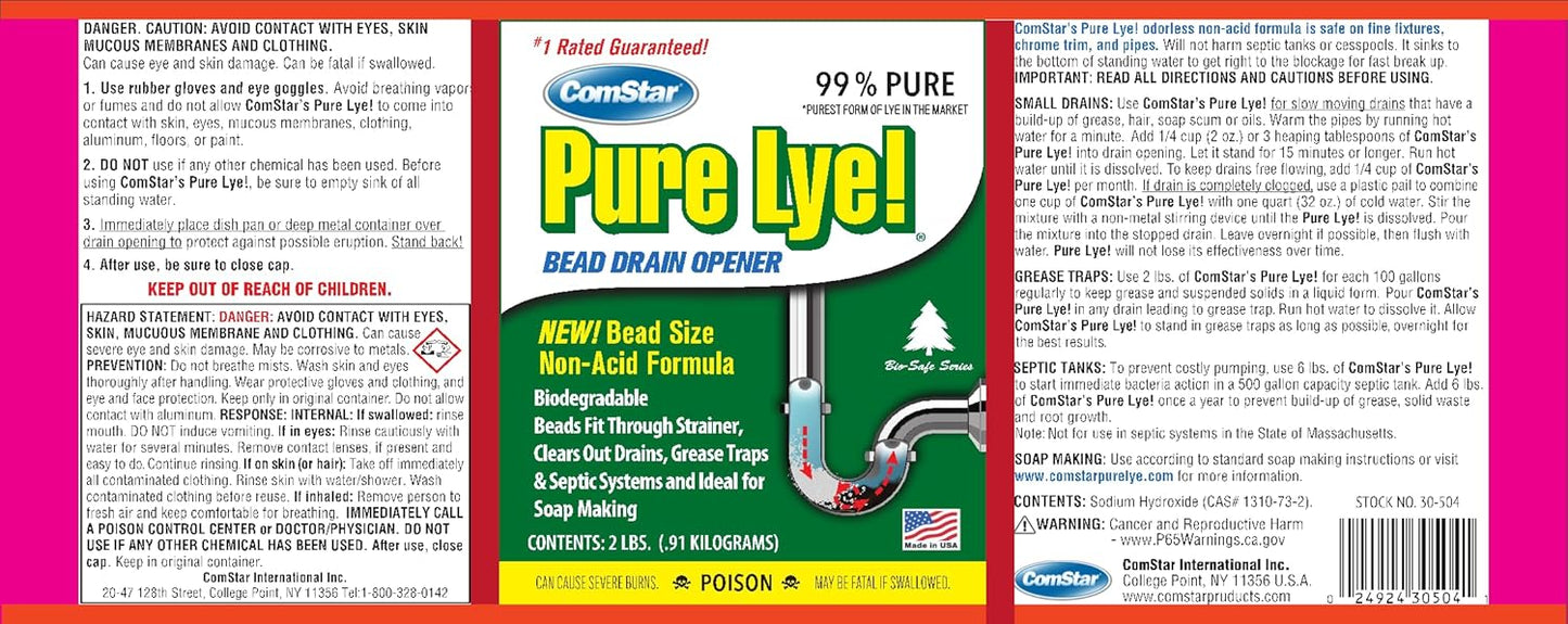 Pure Lye 1 lb - Unique Sodium Hydroxide Beads | Drain Opener & Soap Making | Biodegradable, Eco-Friendly (30-500)