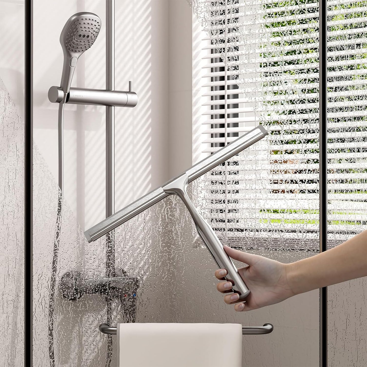 Shower Squeegee for Glass Doors, Shower Squeegee for Tile Shower Walls, Stainless Steel Squeegee for Bathroom, Windows and Mirrors with Storage Hook-12”, Black
