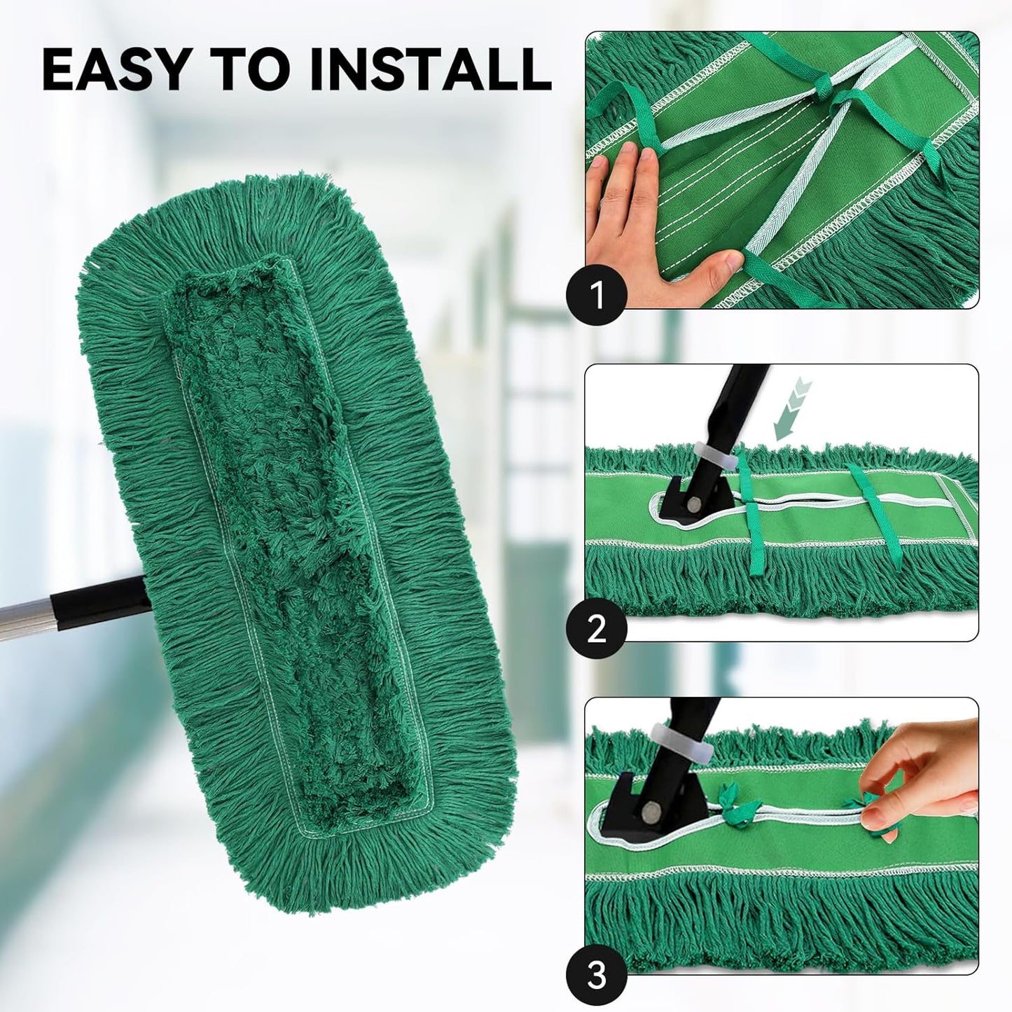 36 Inch Dust Mop Head: Replacement Medium Washable Commercial Mop Head Sweeper and Janitorial Replacement Green (Green - 36 Inch, 3 Pack)