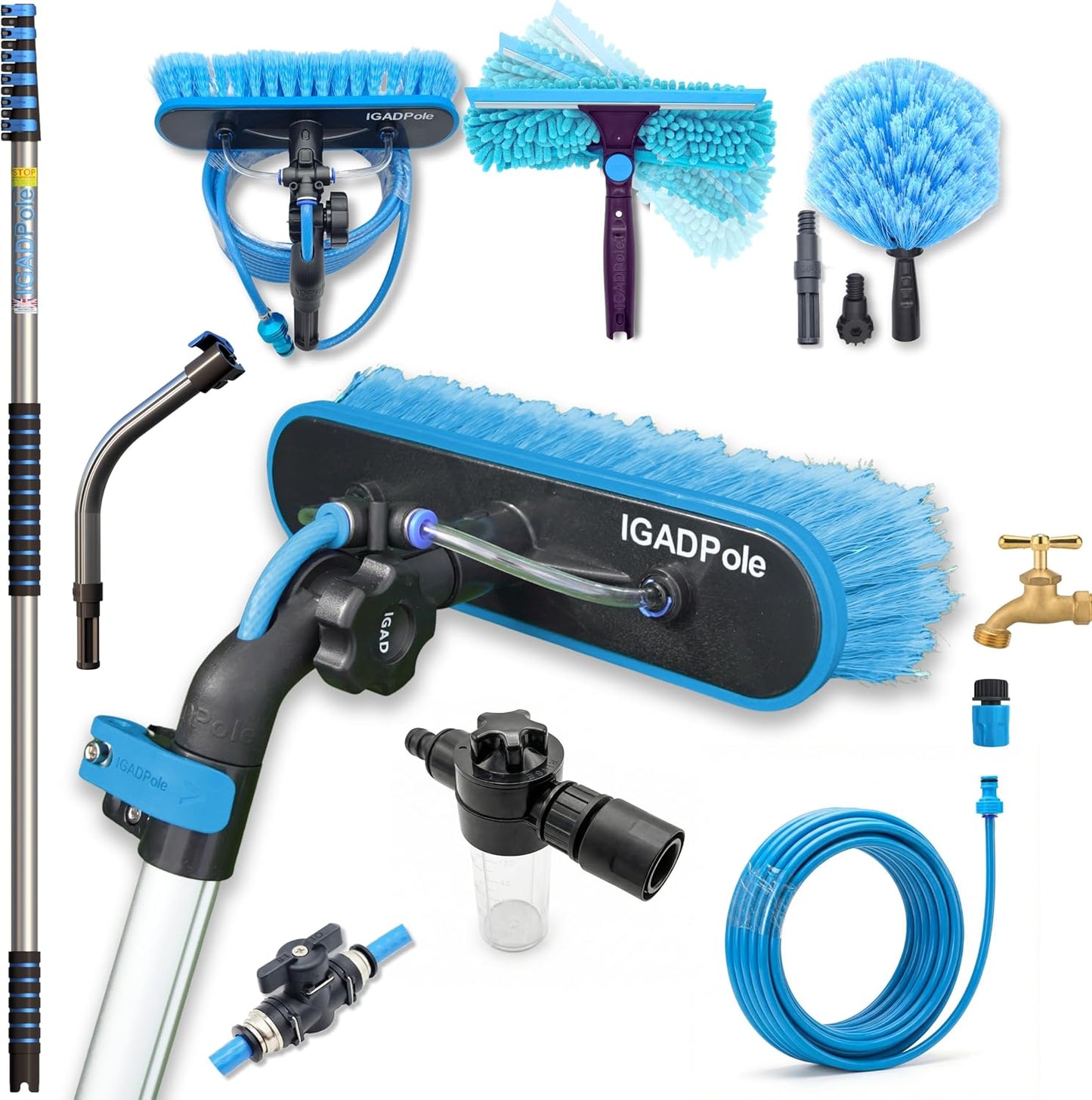 IGADPole 24 FT Water-Fed Washing Kit with Soap-Dispenser, Brush, 10″ Squeegee & Cobweb Duster for Windows, Gutters, Solar Panels & Exterior Walls