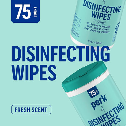 Perk Disinfecting Wipes, Lemon Scent, 75 Wipes/Canister — Multi‑Surface Cleaning Wipes for Home, Office & Classroom