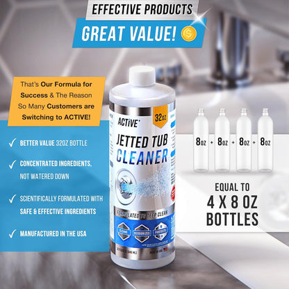 Jetted Tub Cleaner Bathtub Tabs - 12 ACTIVE Cleaning Tablets, Compatible with Whirlpool & Spa Bath System, Jets, Whirl Tubs, Professional Septic Safe Bath Jet Scale and Residue Remover - 1 Year Supply