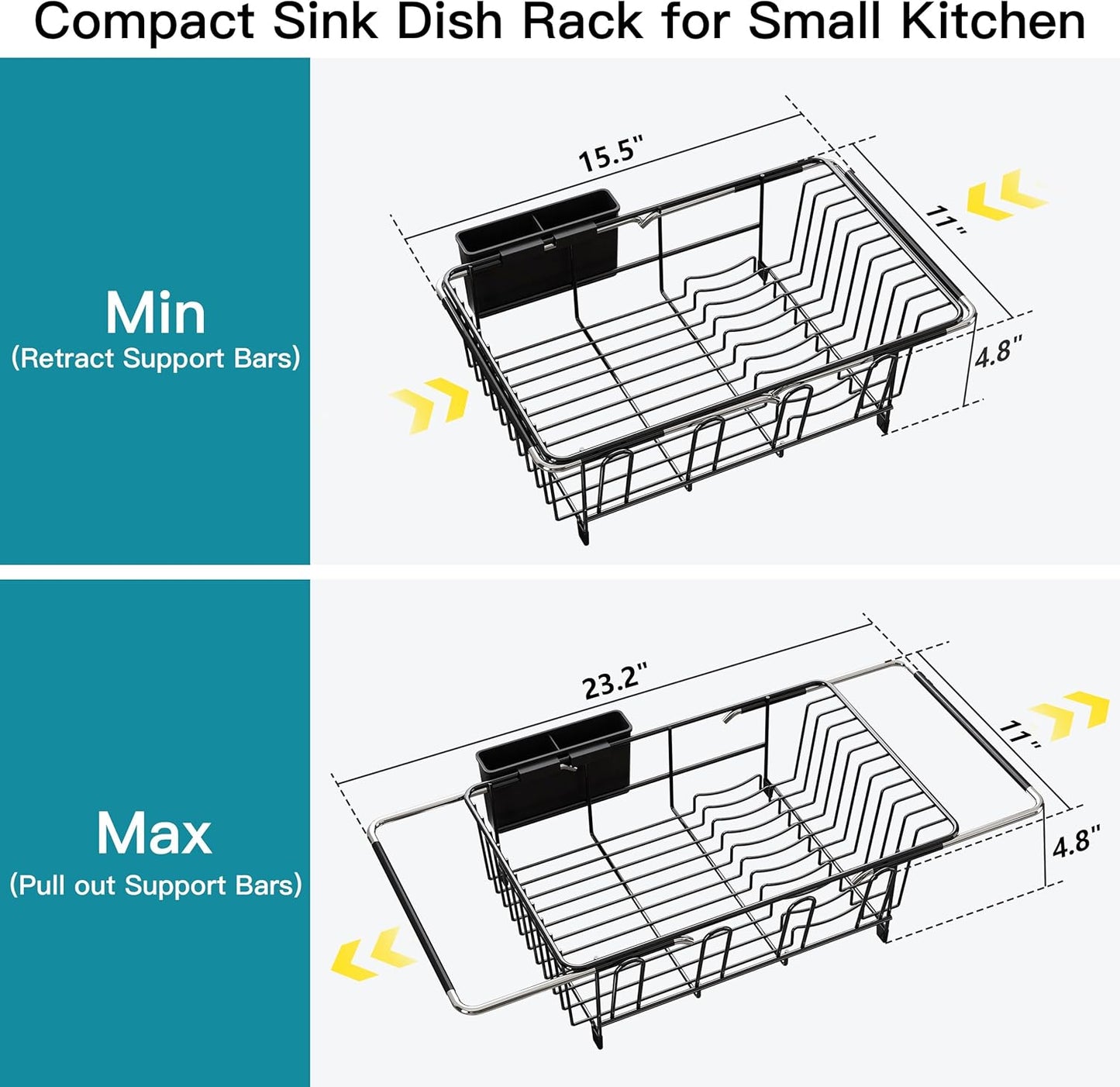 JASIWAY Dish Drying Rack in Sink, Expandable Stainless Steel Dish Drainers for Kitchen Counter, Dish Dryer Rack for Inside Sink, Over The Sink Dish Racks with Utensil Holder, Silver
