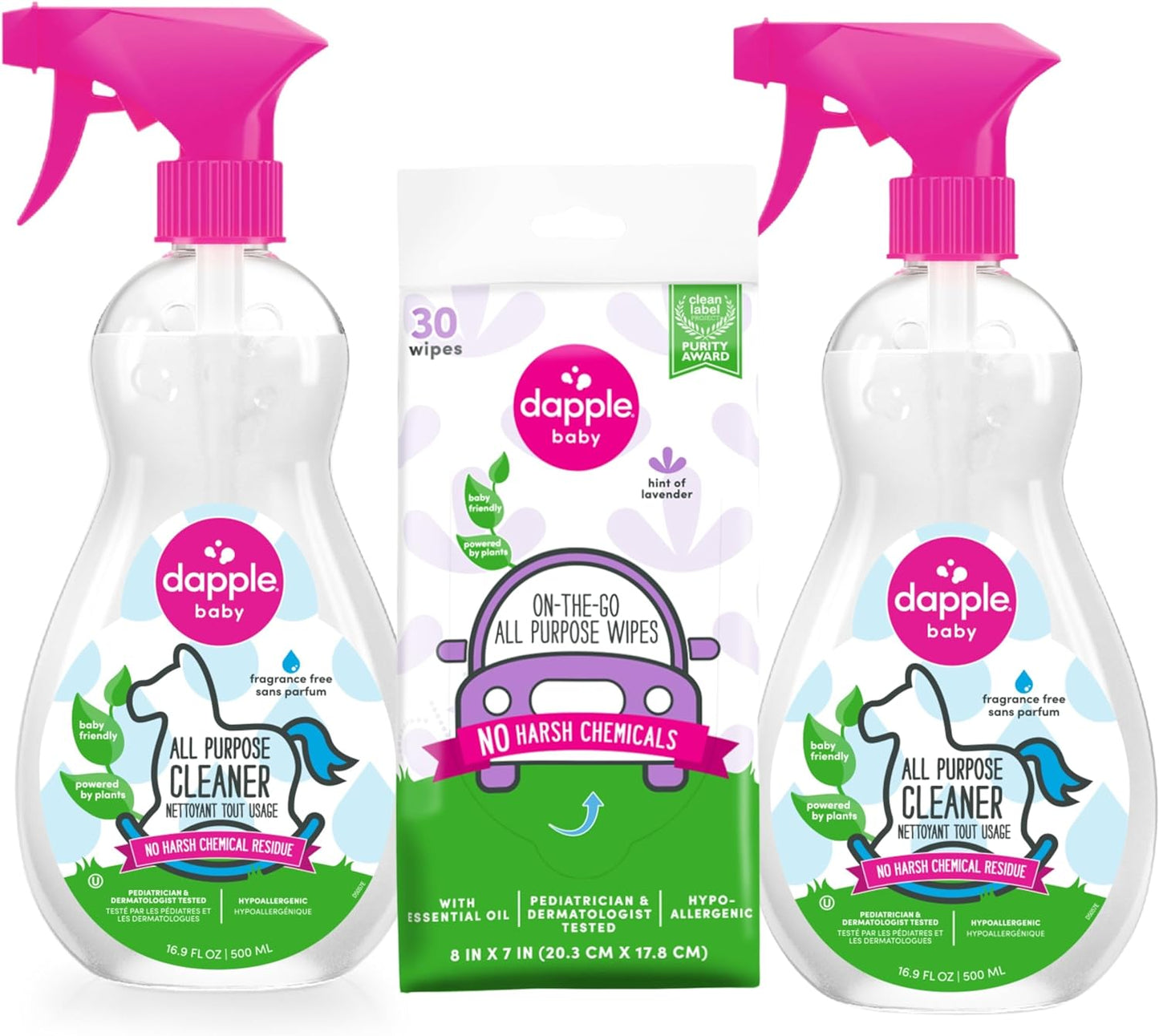Dapple Baby All Purpose Cleaning Spray and All Purpose Wipes - (2 Pack) 16.9 fl oz Bottle - 30 Cleaning Wipes Total - Fragrance-Free, Hypoallergenic & Plant-Powered - Baby Essentials