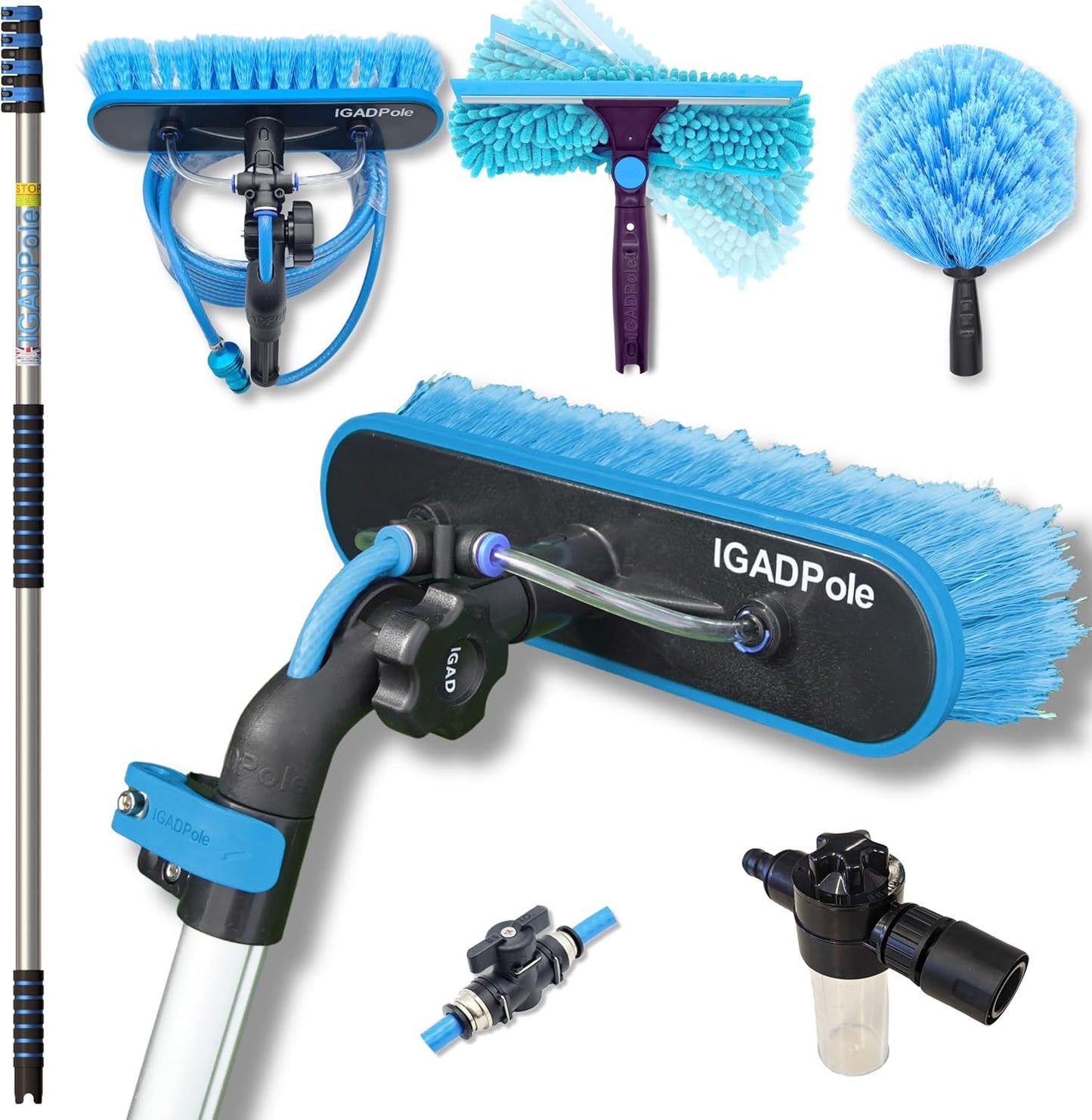 IGADPole 24 FT Water-Fed Washing Kit with Soap-Dispenser, Brush, 10″ Squeegee & Cobweb Duster for Windows, Gutters, Solar Panels & Exterior Walls