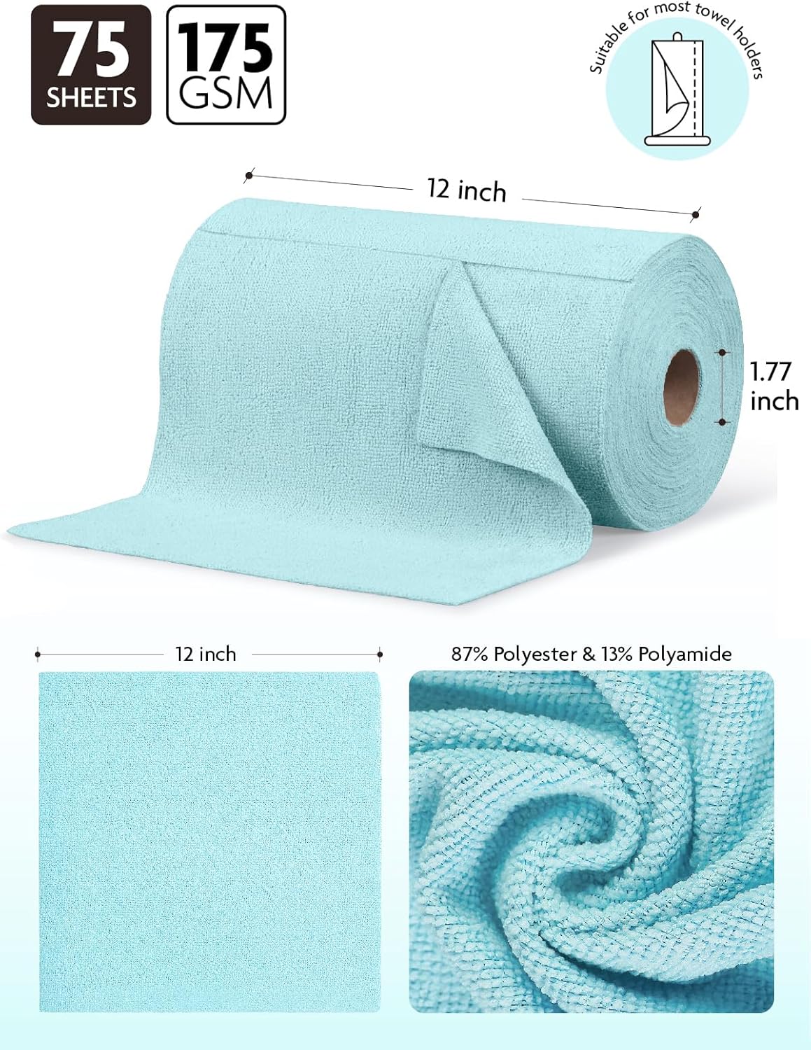 Fantasticlean Microfiber Cleaning Cloth Roll -75 Pack, Tear Away Microfiber Towels, 12" x 12", Reusable, Washable, Scratch Free, Ultra Absorbent Dishcloth for All-Around Cleaning Supplies (White)