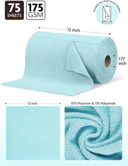Fantasticlean Microfiber Cleaning Cloth Roll -75 Pack, Tear Away Microfiber Towels, 12" x 12", Reusable, Washable, Scratch Free, Ultra Absorbent Dishcloth for All-Around Cleaning Supplies (White)
